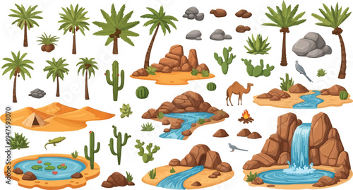 Desert landscape elements vector set featuring palm trees, cacti, sand dunes, rocks, oases, waterfalls, and a camel, perfect for game design, web graphics, or educational illustrations.