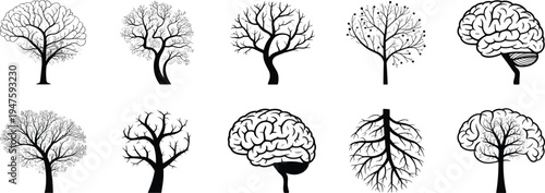 Stylized tree brain lung illustration, branching pattern anatomy, biomimicry nature concept, interconnected systems design, educational biology medical science image