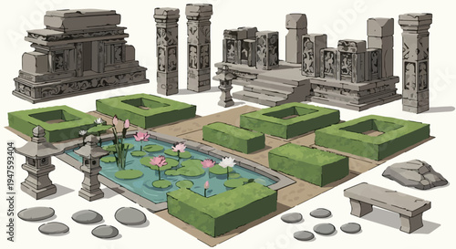 Ancient Asian Temple Ruins and Serene Garden Elements Vector Set with Stone Structures, Pillars, Lotus Pond, and Green Hedges for Historical or Zen Design Projects
