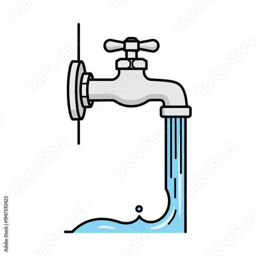 Illustration of a silver faucet with flowing water depicted in blue