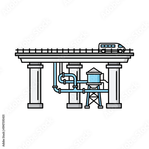 Illustration of an elevated train track with industrial infrastructure below