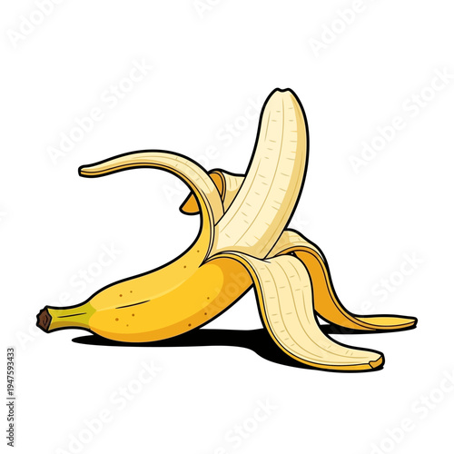 A vibrant illustration depicts a partially peeled yellow banana with a shadow