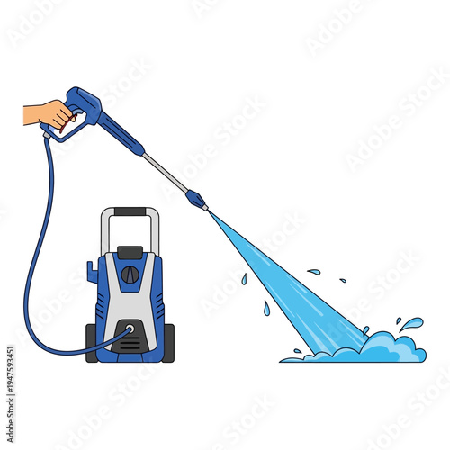 Cartoon illustration of a blue and gray power washer spraying water