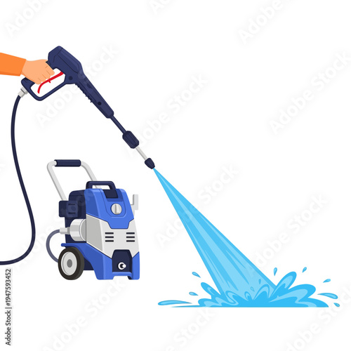 Cartoon illustration of a blue and gray power washer in use