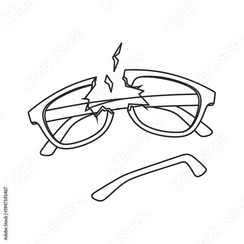 Broken eyeglasses with shattered lenses and a detached temple arm