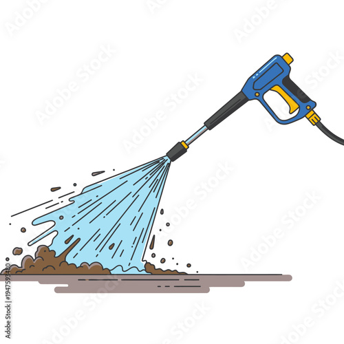 A colorful illustration of a pressure washer spraying a stream of water