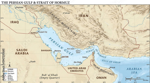 topographic map of the persian gulf and strait of hormuz with middle east borders
