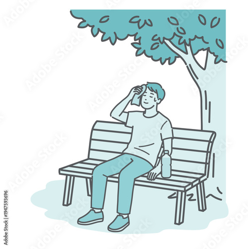 木陰のベンチで休憩して涼む男性（大人・若者）のイラスト