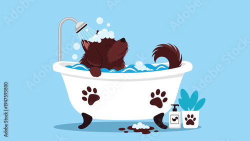 Happy brown dog enjoys a bubble bath in a classic white clawfoot tub, surrounded by soap suds and pet care products on a blue background.