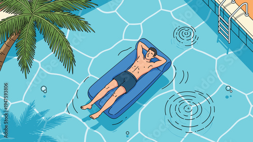 Relaxed man lies on a blue inflatable mattress in a swimming pool, enjoying a peaceful moment under a palm tree from a high-angle view.