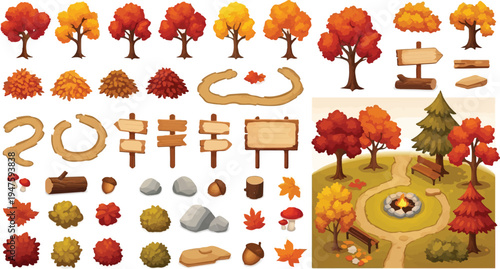 Autumn pixel art vector set featuring various fall trees, bushes, leaves, wooden signs, logs, rocks, acorns, mushrooms, and a cozy park scene with a campfire, perfect for game design