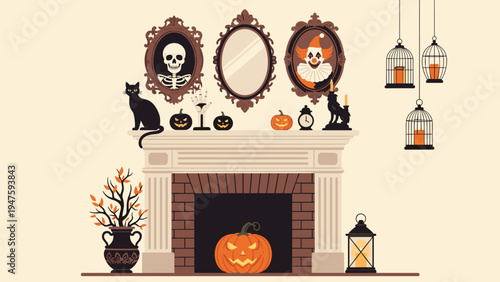 Spooky Halloween fireplace mantel decorated with pumpkins, a black cat, framed skeletons, a clown portrait, and glowing birdcage lanterns.