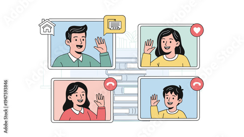 Collage of four video call screens showing a happy family waving to each other, representing modern digital communication and connection.