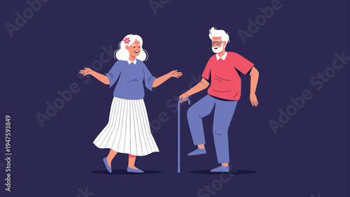 Joyful elderly couple with white hair dances together on a dark blue background, with the man using a cane, celebrating love and life.