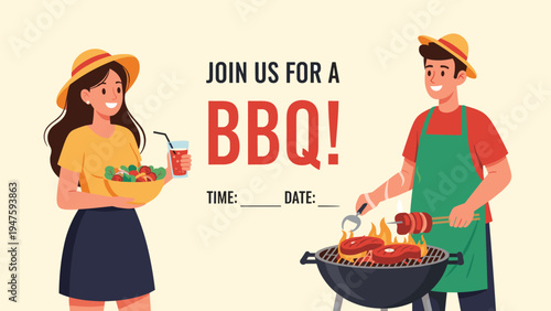Smiling couple prepares for a summer backyard barbecue party with grilled meat and fresh garden salad outdoors.