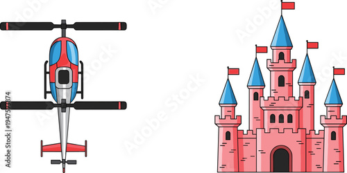 Cartoon helicopter top view and fantasy castle illustration, kids transportation and fairy tale architecture design, playful children vector set
