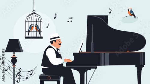 Elegant musician plays a grand piano in a classic room with birds singing along to the beautiful melody inside.