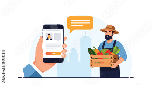 Digital hand uses a smartphone to buy fresh organic vegetables directly from a local farmer in a modern city.