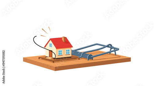 Residential suburban house sits as bait on a large wooden mousetrap to symbolize property market risks or scams.