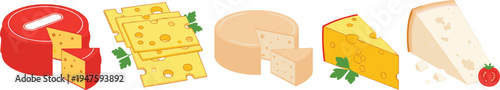 Cheese varieties collection illustration, sliced cheese wedges and blocks, dairy food ingredient set for cooking menu design