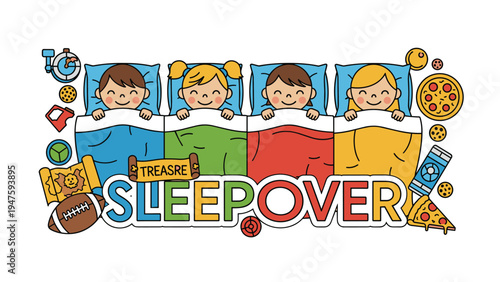 Happy children lie together under blankets during a fun sleepover party with pizza and sports themes included.