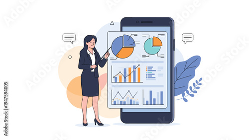 Professional businesswoman uses a pointer to explain complex data charts on a giant smartphone screen display.