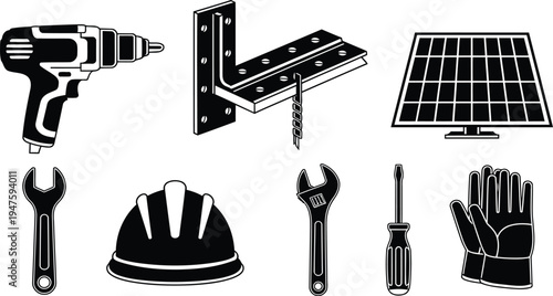 Construction and Solar Installation Tools Icons Set with Drill, Wrench, Helmet, Screwdriver and Solar Panel