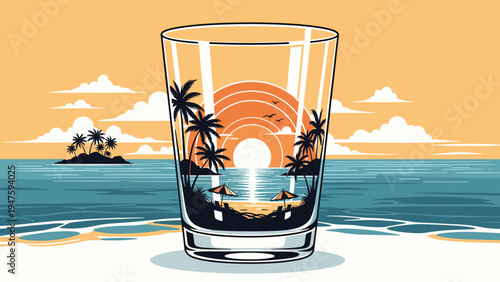Summer vacation scene of a tropical beach sunset with palm trees is captured inside a clear drinking glass.