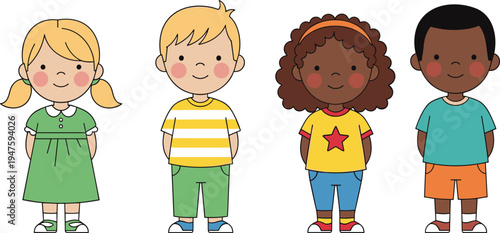 Diverse cartoon children characters collection, multicultural kids standing together illustration, cute boys and girls friendship concept design