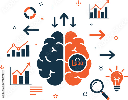 Infographic brain concept showing creative and analytical thinking with data visualization