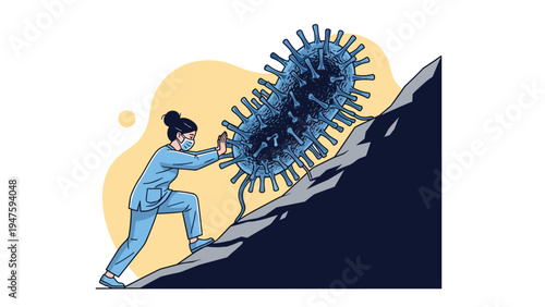Determined female doctor wearing a mask pushes a giant virus cell up a mountain symbolizing the fight against disease.