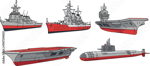 Modern military naval ships collection, aircraft carrier, battleship, destroyer and submarine illustration, navy warship fleet vector set