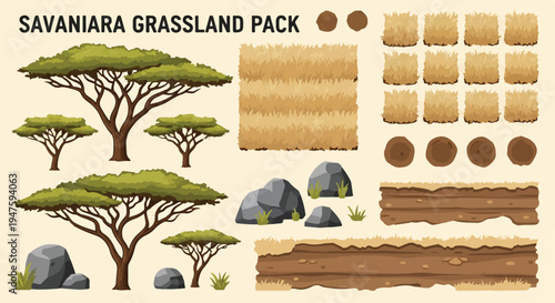 Savaniana Grassland Pack vector illustration set featuring various acacia trees, dry grass textures, rocks, and dirt elements for game design, nature scenes, and African safari backgrounds.