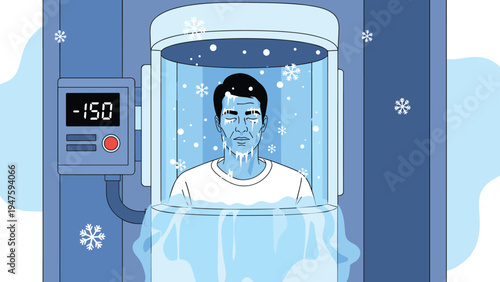 Man undergoes cryotherapy treatment inside a freezing chamber set to extreme temperatures for health recovery.