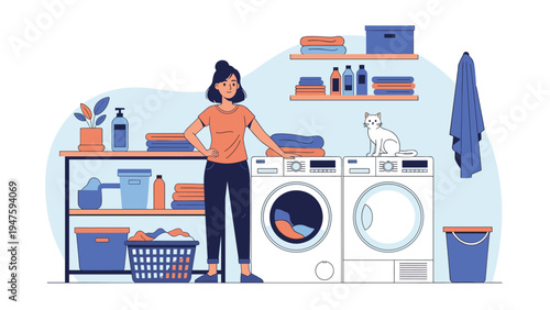 Young woman manages her household chores in a laundry room equipped with modern washing machines and a cat.