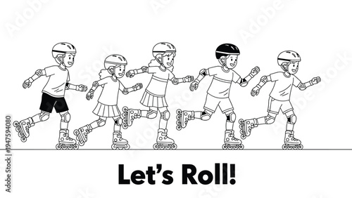 Diverse group of children in safety gear enjoy rollerblading together under the slogan let us roll outdoors.