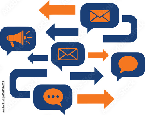 Marketing message flow diagram with megaphone and email icons representing outreach plans