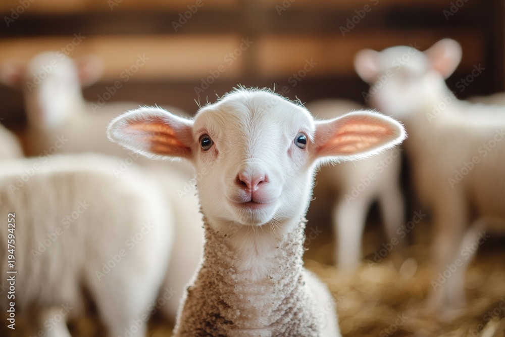 Fototapeta premium Lovely lamb looks at camera in cattle barn with sheep eating in background