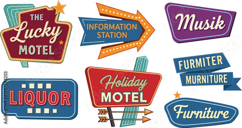 Retro vintage signboards collection, motel liquor furniture and information station neon style signage illustration for advertising design