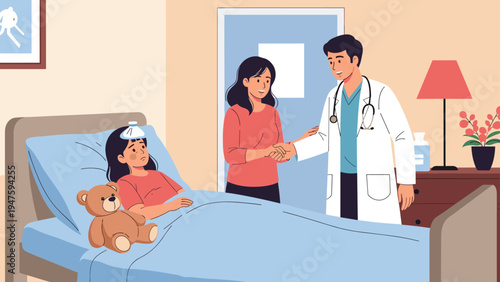 Kind doctor shakes hands with a worried mother while her sick daughter rests in a hospital bed with a teddy bear.