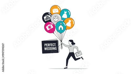 Efficient wedding planner runs with a bouquet of balloons representing all the elements of a perfect ceremony.