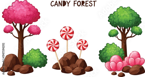 Sweet Candy Forest vector illustration set with pink and green trees, bushes, and red and white lollipops on brown rocks, perfect for children's books, game design, or fantasy backgrounds.