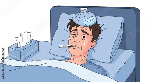 Sick man resting in bed with a thermometer in his mouth and an ice pack on his head during a bout of flu or high fever.