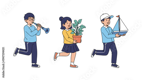 Three children engaging in different hobbies including playing the flute, carrying a potted plant, and holding a toy sailboat.