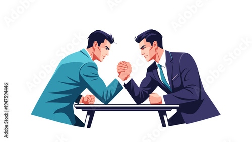 Two rival businessmen engaging in a tense arm wrestling match at a table representing competition and corporate power struggle.