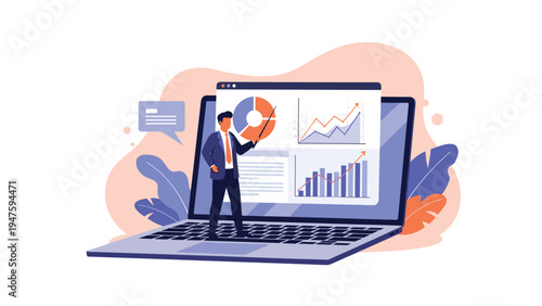 Business analyst standing on a giant laptop computer while presenting complex data charts and financial metrics for a review.
