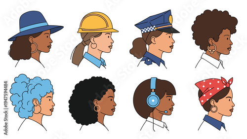 Profile views of diverse professional women representing different career fields including construction, law enforcement, and technology.