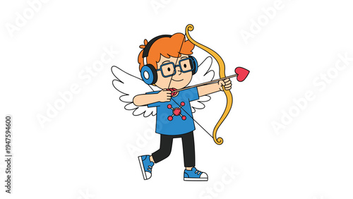 Little boy dressed as cupid with wings and a heart arrow wearing modern headphones representing love and music technology.