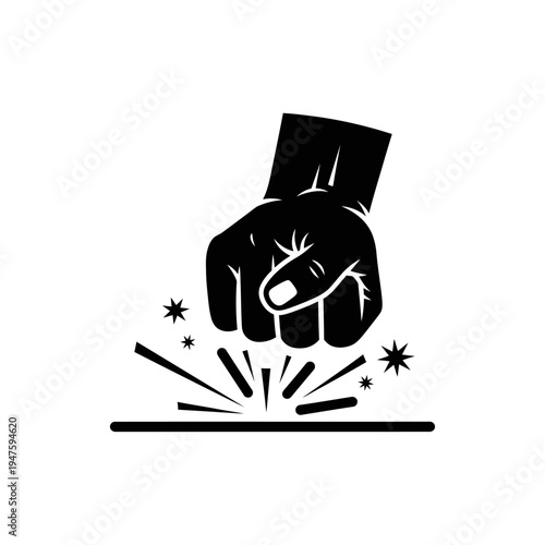 A clenched fist impacting a surface with sparks and starburst effects