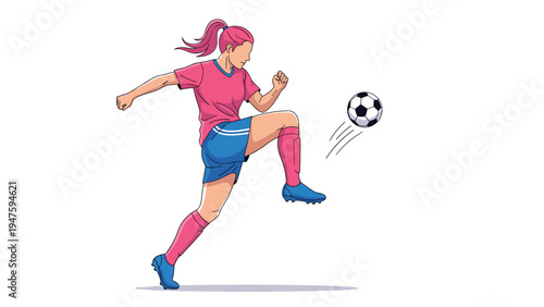 Female soccer player in a pink jersey and blue shorts powerfully kicking a soccer ball through the air in a stadium setting.